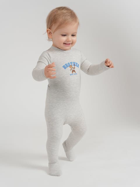 Baby Boy Cotton-Spandex Romper - Light Grey Mix/Navy