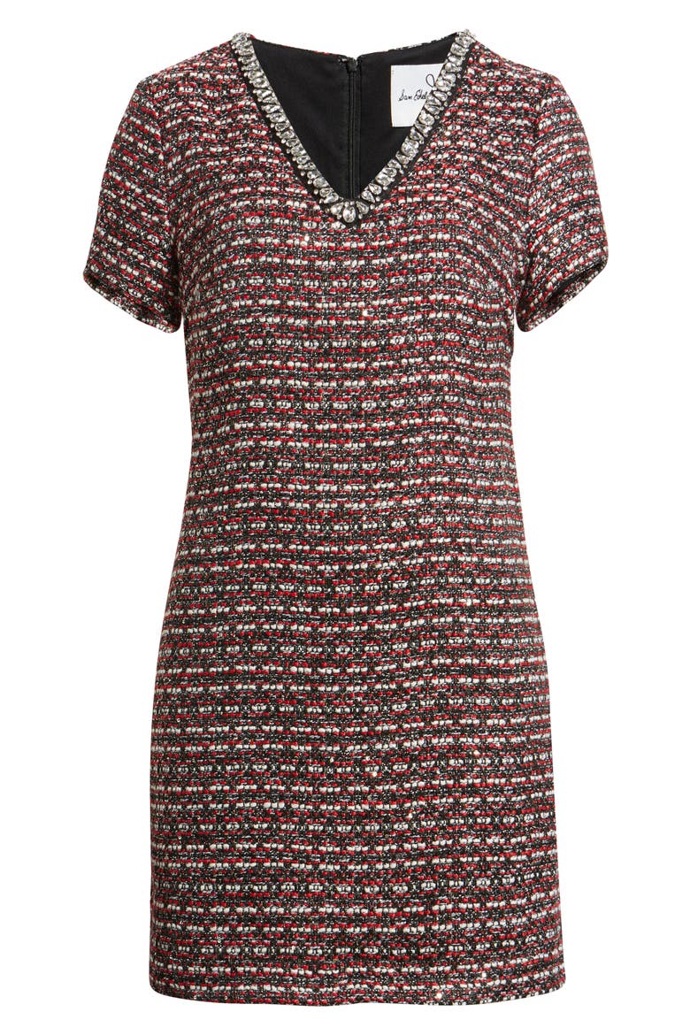 Nyah Embellished Tweed Dress, Alternate, color, BLACK RED