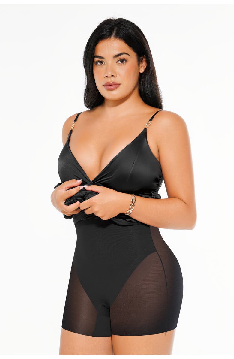 Popilush Shapewear Satin Deep-V Front Slit Maxi Dress, Alternate, color, Midnight Black