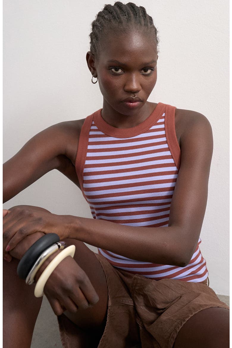 Stripe Cutaway Stretch Cotton Rib Tank, Alternate, color, BROWN