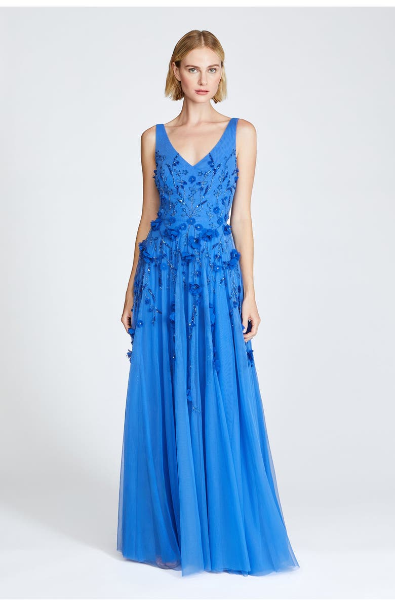 Theia Fabiana Beaded Capelet Gown, Main, color, Cornflower Blue