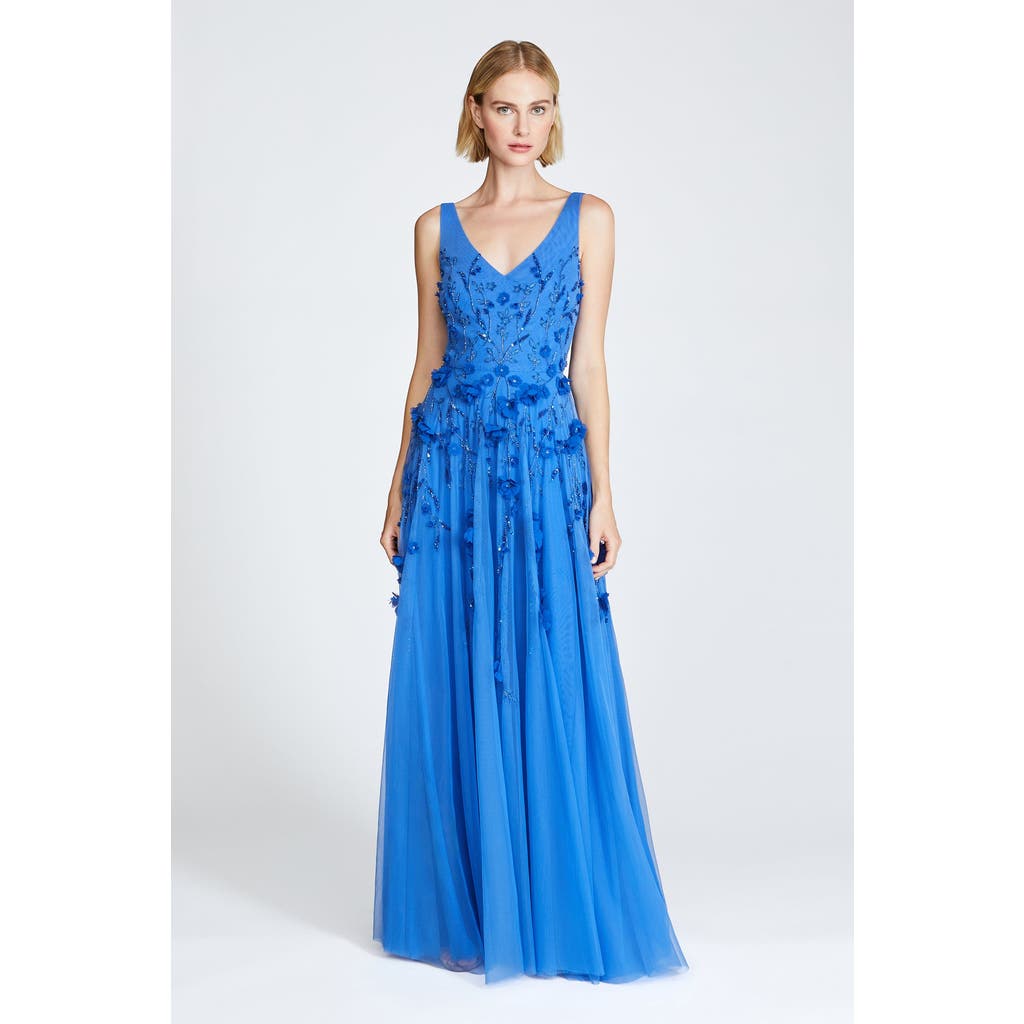 Theia Fabiana Beaded Capelet Gown In Blue