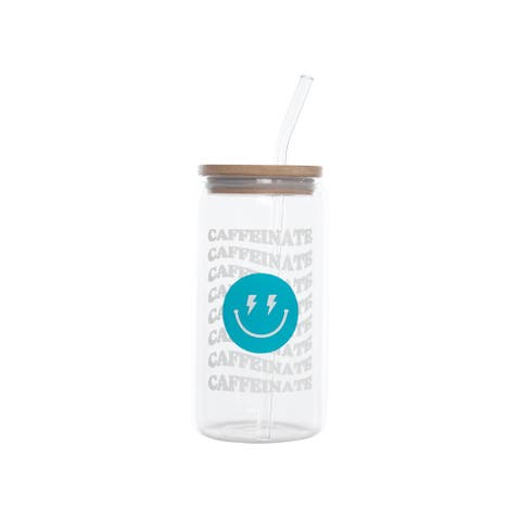 Caffeinate Glass Cup w/ Lid and Straw Glass Clear 16 oz