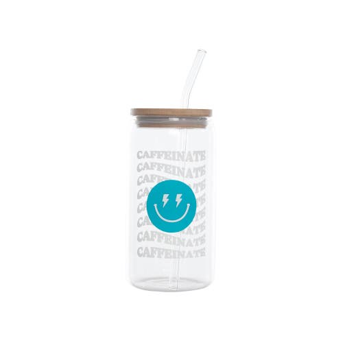Totalee Gift Caffeinate Glass Cup W/ Lid And Straw Glass Clear 16 oz In Transparent