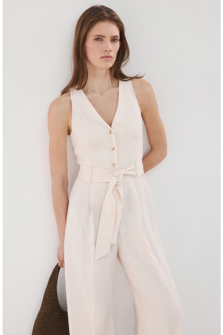 Sleeveless Belted Linen Jumpsuit, Alternate, color, ECRU