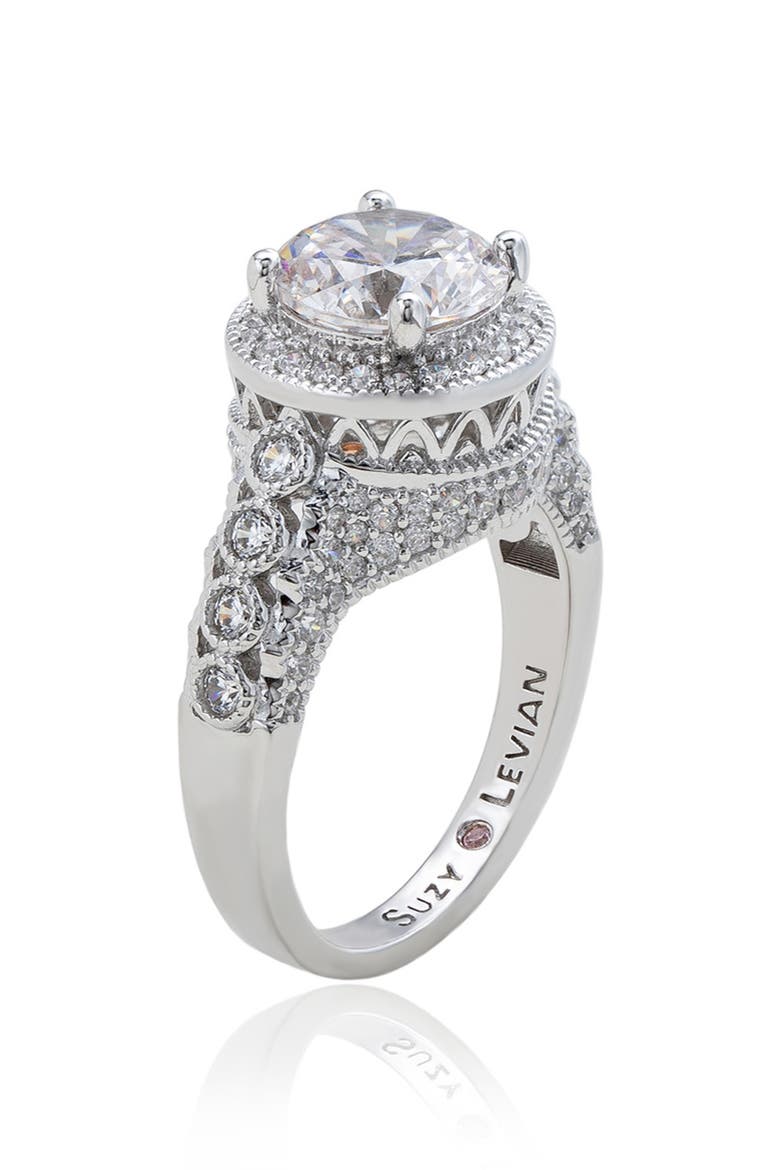 Cubic Zirconia Pavé Engagement Ring, Alternate, color, WHITE