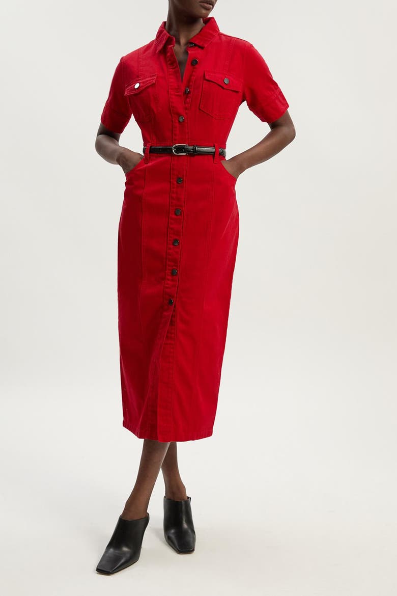 Petite Denim Short Sleeve Shirt Dress, Alternate, color, Red