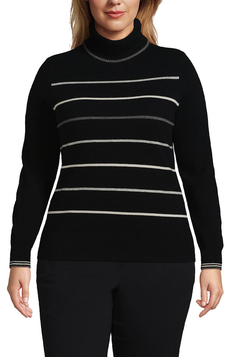 Lands' End Cashmere Turtleneck Sweater, Main, color, Black Heritage Stripe