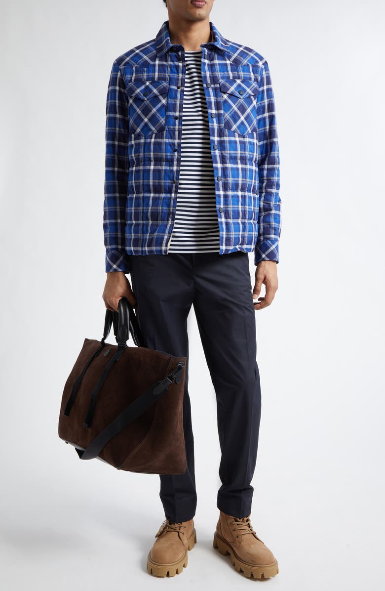 Moncler Grenoble Gelt Plaid Stretch Cotton Puffer Down Shirt Jacket, Alternate, color, Navy Check