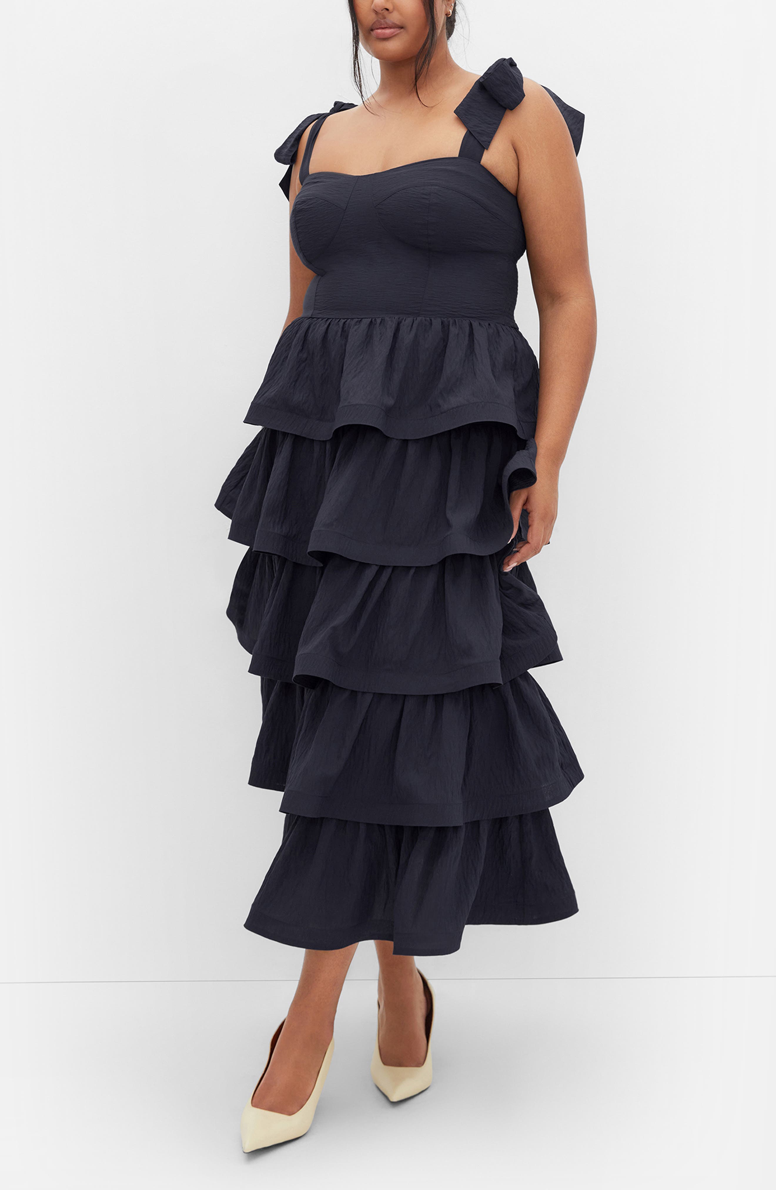 ellena tie strap ruffle tiered midi dress Francesca's Ellena Tie Strap Ruffle Tiered Midi Dress