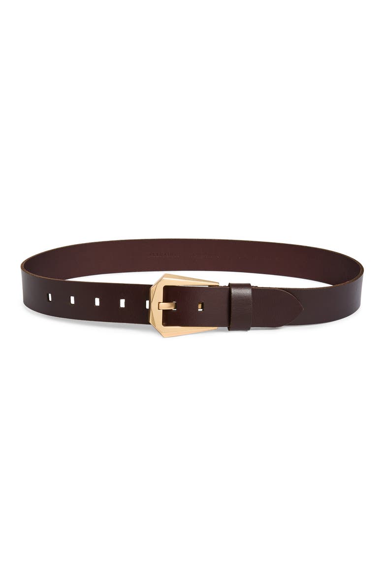 Western Hexagon Buckle Leather Belt, Main, color, DEEP BROWN / WARM BRASS