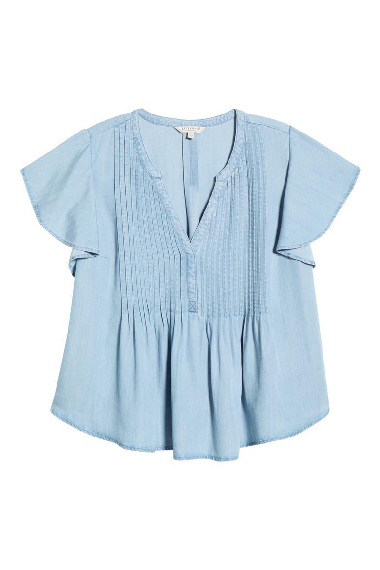 Pintuck Pleat Flutter Sleeve Chambray Top, Alternate, color, MALIBU LIGHT