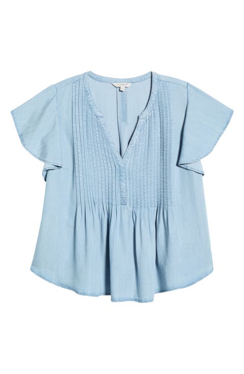 Pintuck Pleat Flutter Sleeve Chambray Top (Plus)