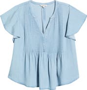 Liverpool Los Angeles Pintuck Pleat Flutter Sleeve Chambray Top