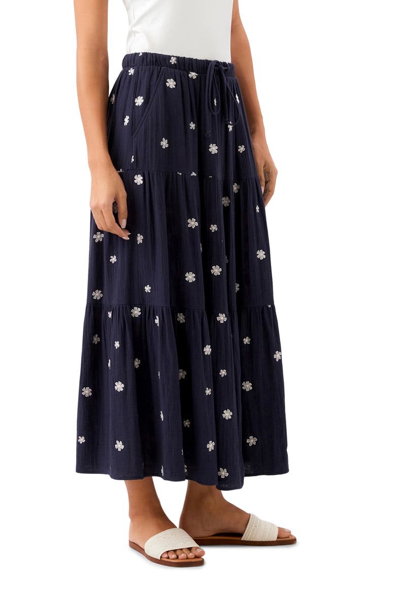 Floral Embroidered Tiered Cotton Midi Skirt, Alternate, color, NAVY
