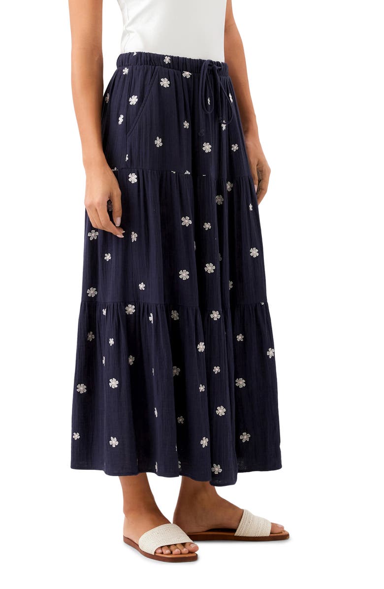 Karen Kane Floral Embroidered Tiered Cotton Midi Skirt, Alternate, color, Navy