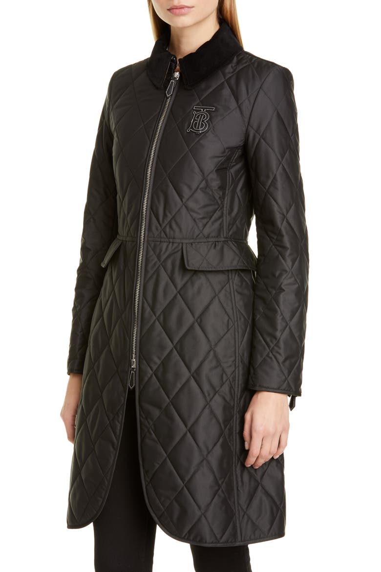 Ongar Monogram Motif Long Quilted Coat, Alternate, color, BLACK