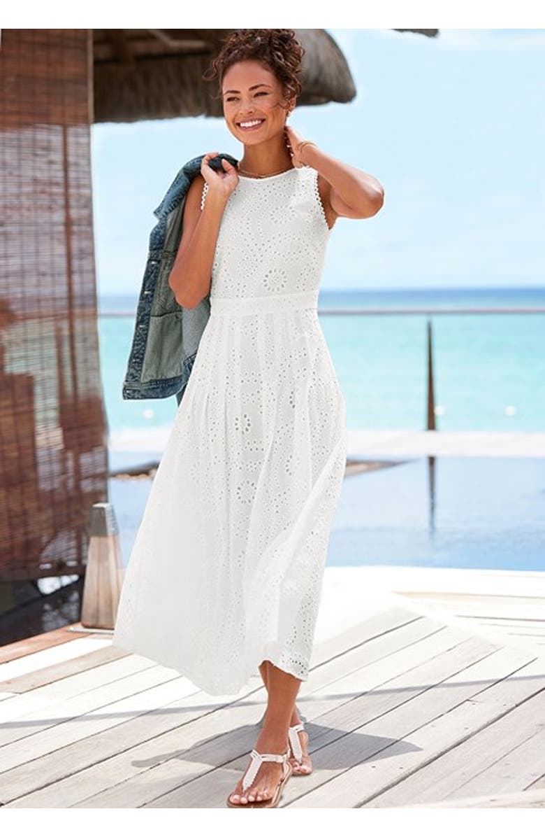 LASCANA Women's Sleeveless Eyelet Maxi Dress, Alternate, color, White