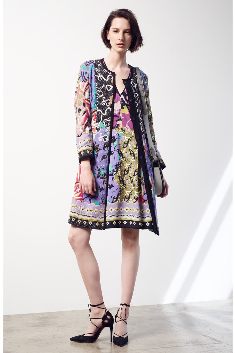 'Floral Patchwork' Textured Coat, Alternate, color, BLUE PURPLE