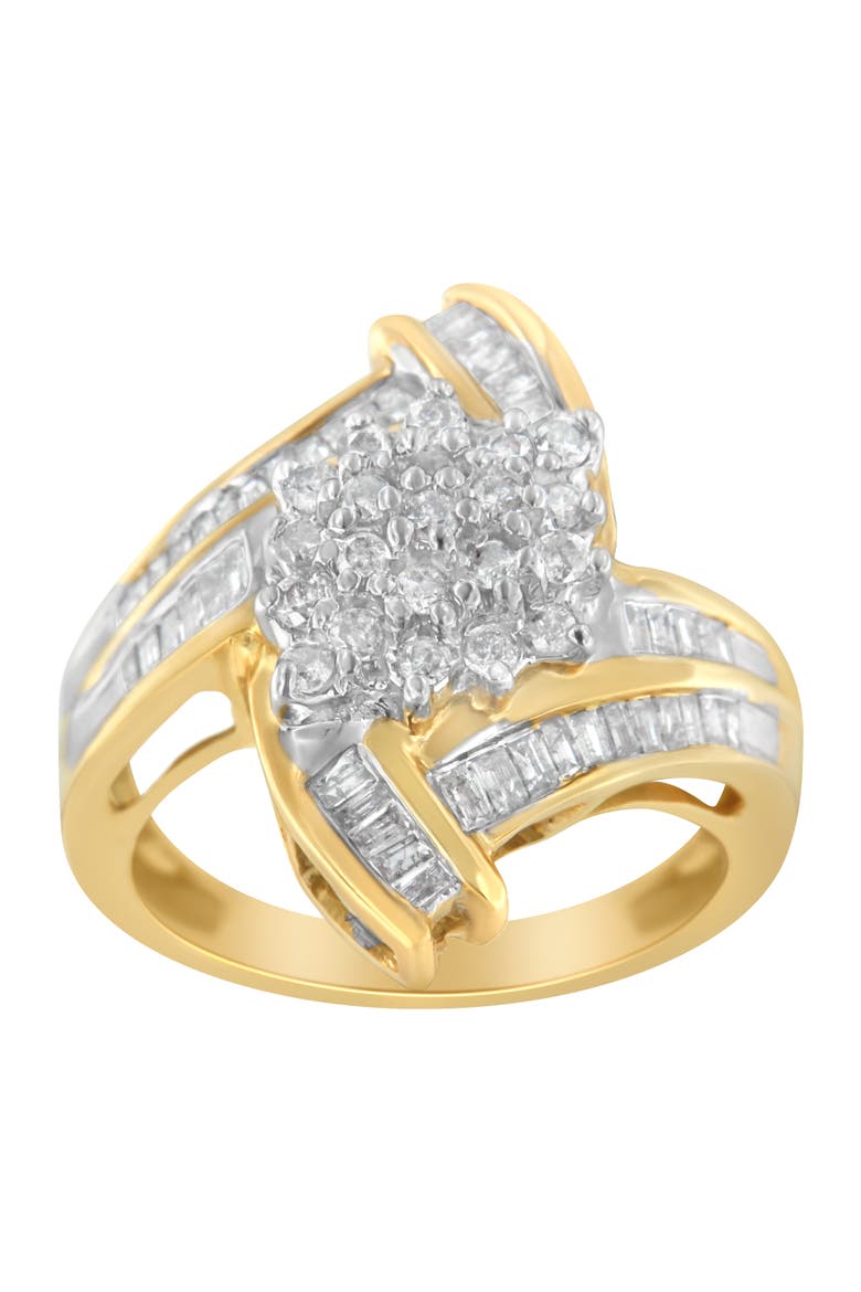 10K Gold 1.0 Cttw Round and Baguette Diamond Bypass Cluster Ring, Alternate, color, Yellow Gold