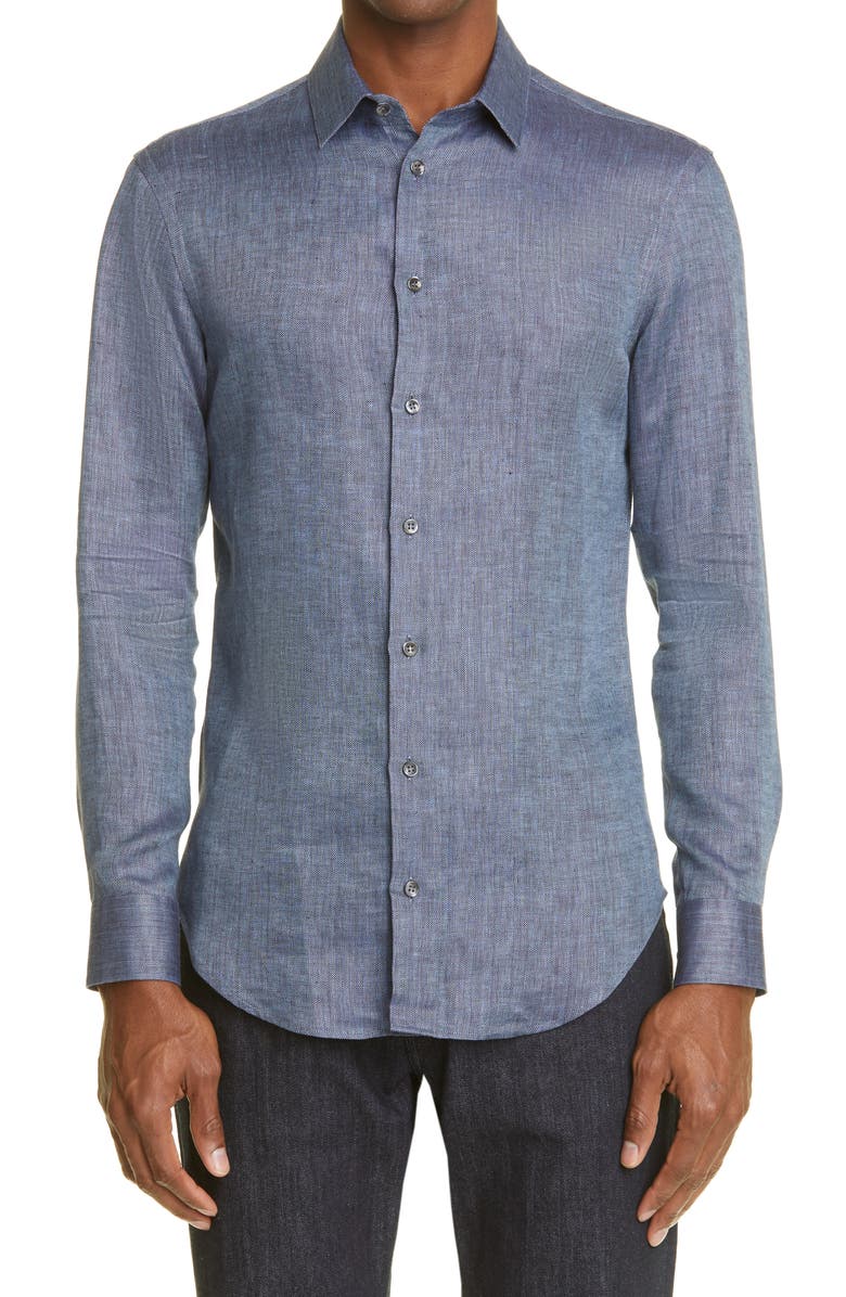 Giorgio Armani Chevron Linen Button-Up Shirt, Main, color,