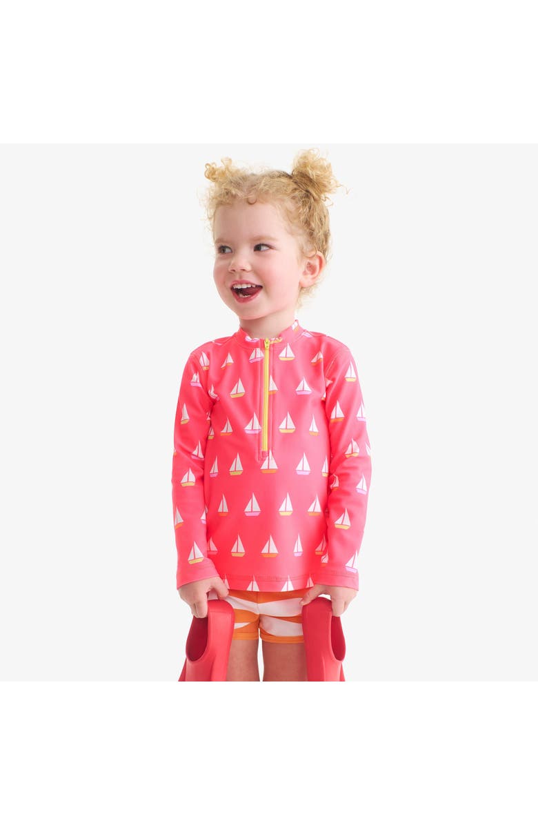 Primary Kids Half-Zip Rash Guard, Alternate, color, Bright Azalea Sailboats