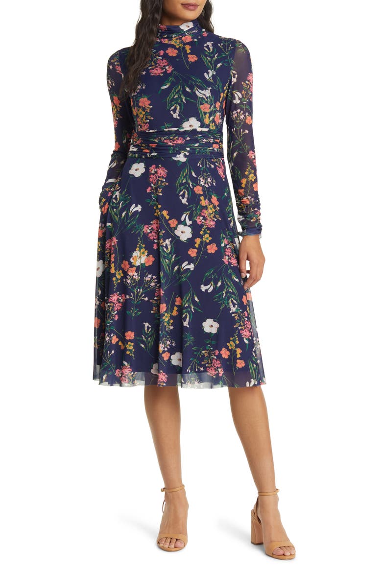Floral Long Sleeve Mesh Dress, Main, color, NAVY MULTI