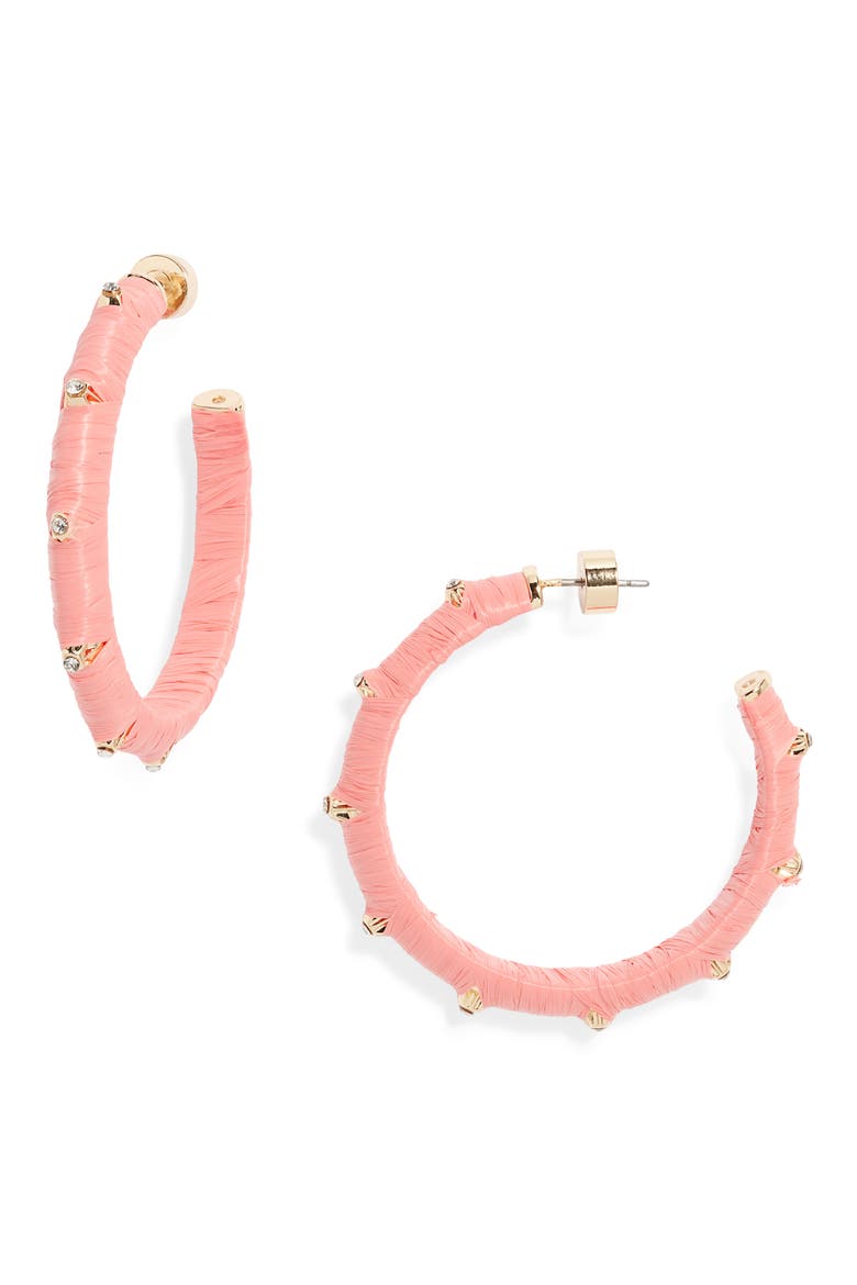 Crystal Accent Raffia Wrapped Hoop Earrings, Main, color, PINK- CLEAR- GOLD