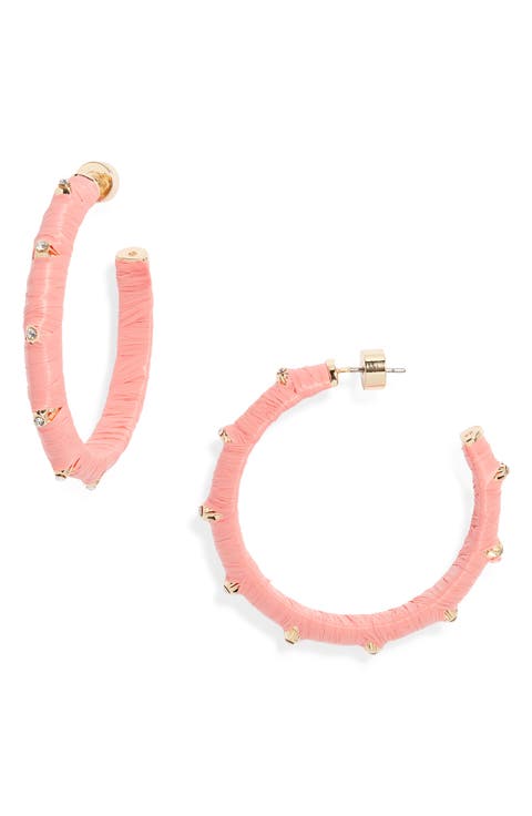 Crystal Accent Raffia Wrapped Hoop Earrings