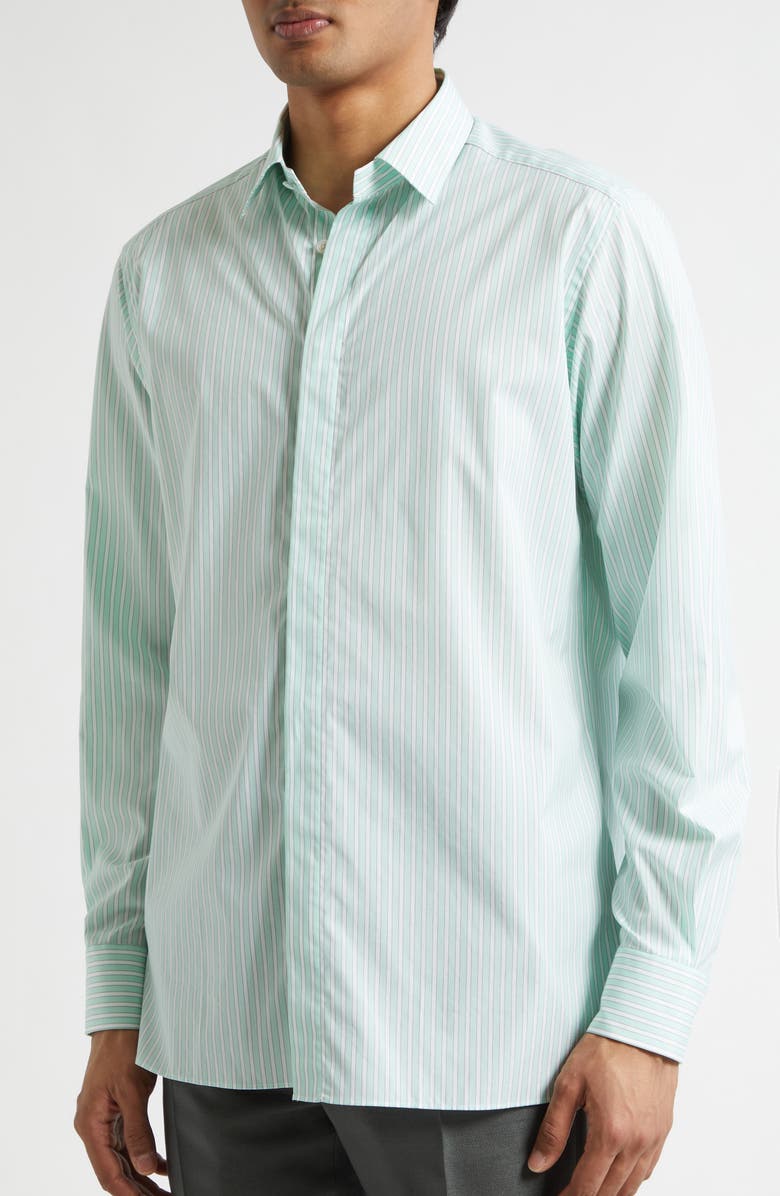 TOM FORD Classic Fit Stripe Natural Stretch Cotton Button-Up Shirt, Alternate, color, Combo White/ Green