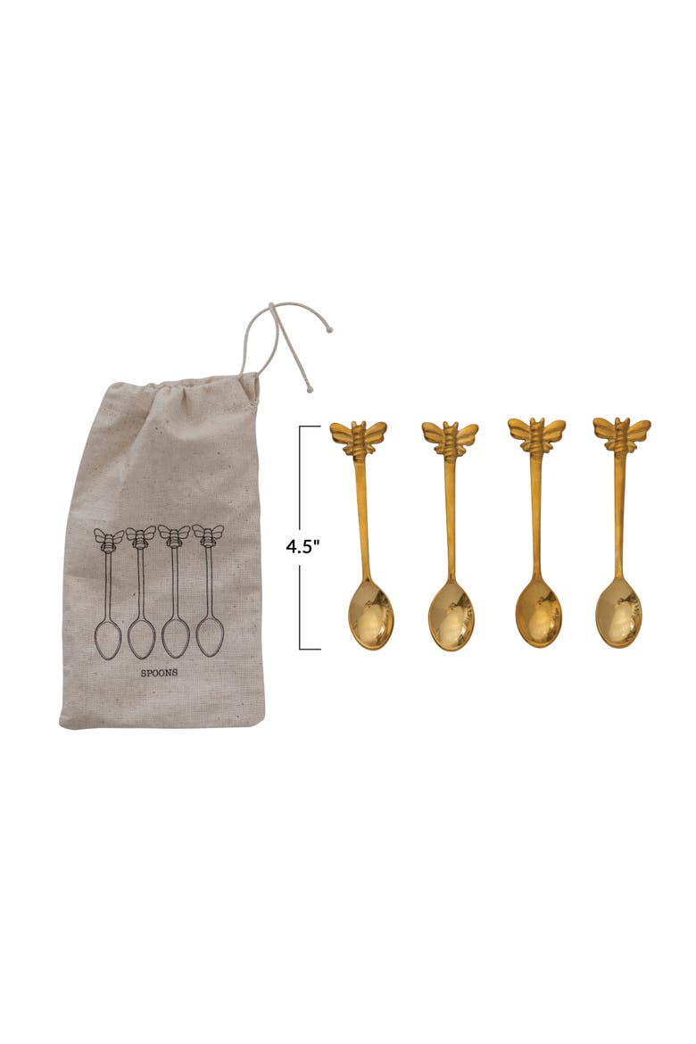 Farmhouse Brass Spoons with Bee Handles in Drawstring Bag, Alternate, color, Brass