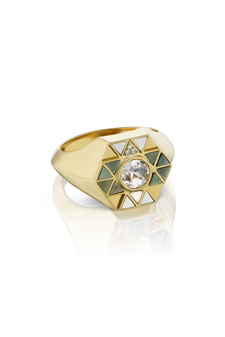 Elements Shell Inlay Pinky Ring, Main, color, YELLOW GOLD/ PEARL/ ROCK