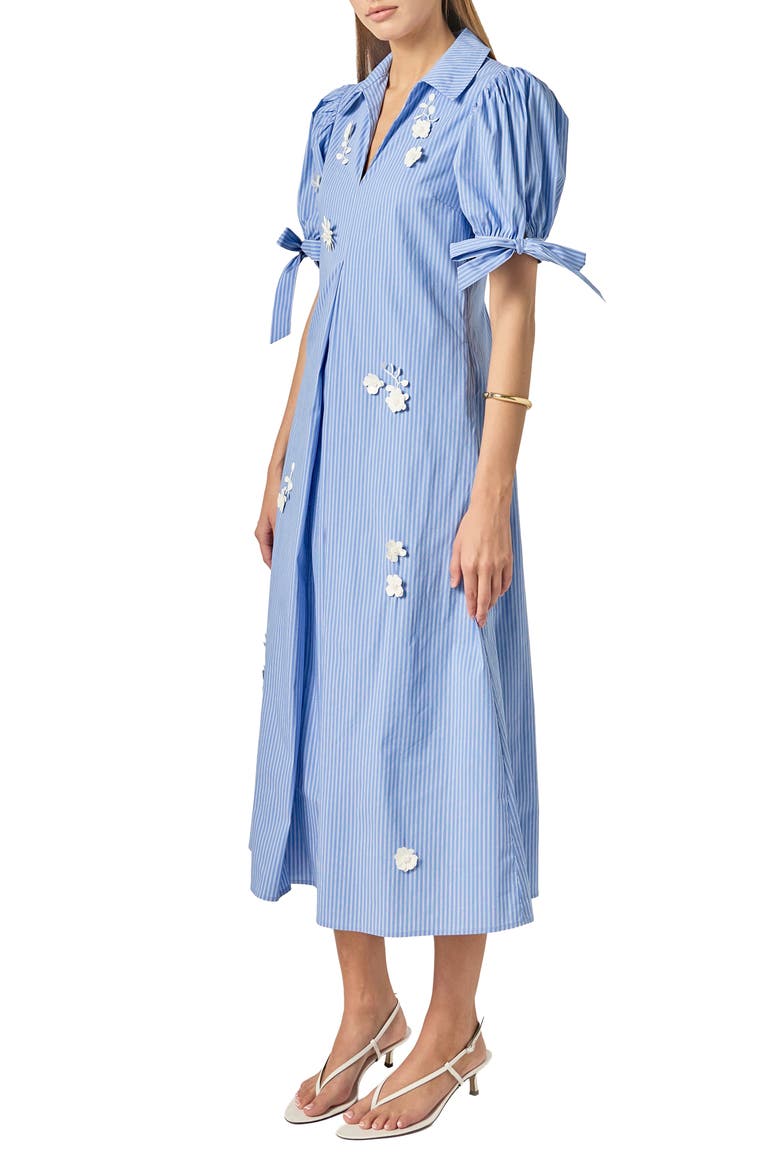 Flower Trim Striped Midi Dress, Alternate, color, BLUE STRIPE