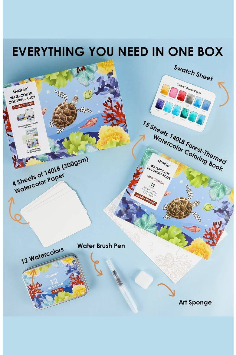 Ocean Themed Watercolor Coloring Club Box, Alternate, color, Ocean