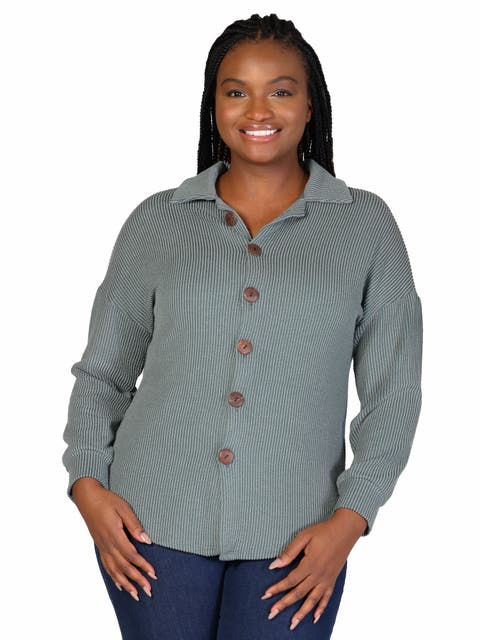 Plus Size Ribbed Button Up Long Sleeve Collared Shirt Jacket