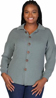 24seven Comfort Apparel Plus Size Ribbed Button Up Long Sleeve Collared Shirt Jacket
