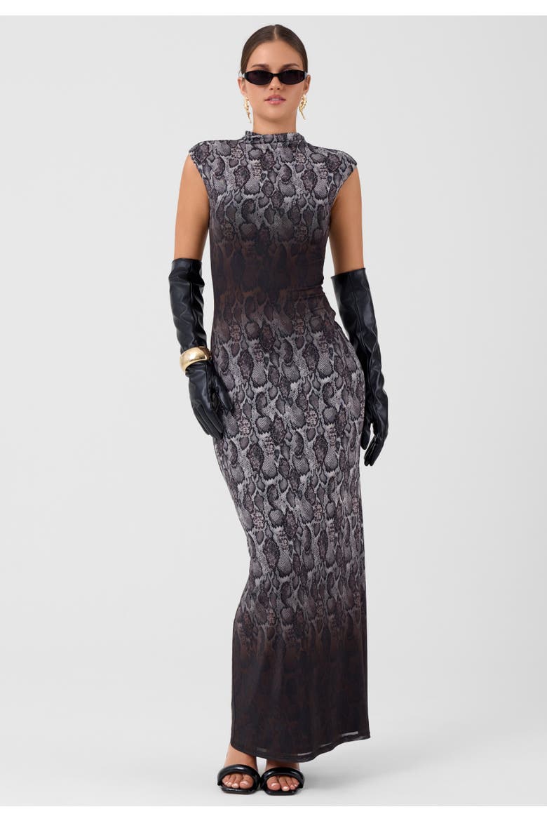 Coco Mock Neck Mesh Midi Dress, Alternate, color, Brown Snake