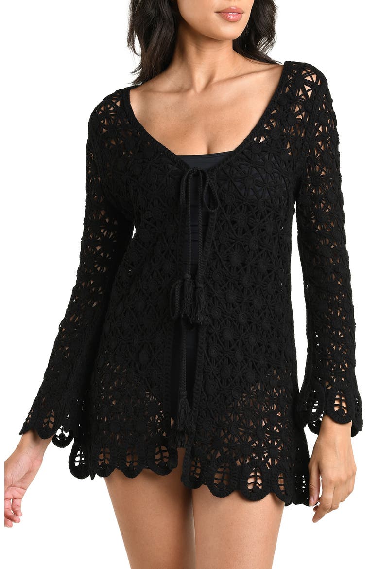 Serenity Tie Front Cotton Blend Cover-Up Tunic, Main, color, BLACK