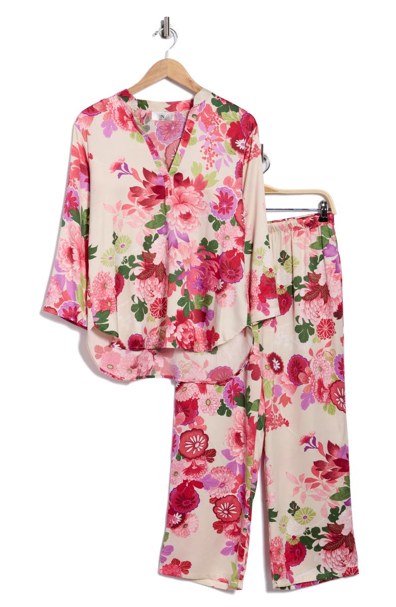 Floral Long Sleeve Satin Top & Crop Pants Pajamas