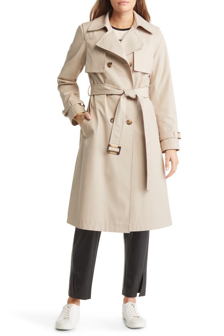 Tone on Tone Double Breasted Water Resistant Trench Coat, Main, color, BIRCH
