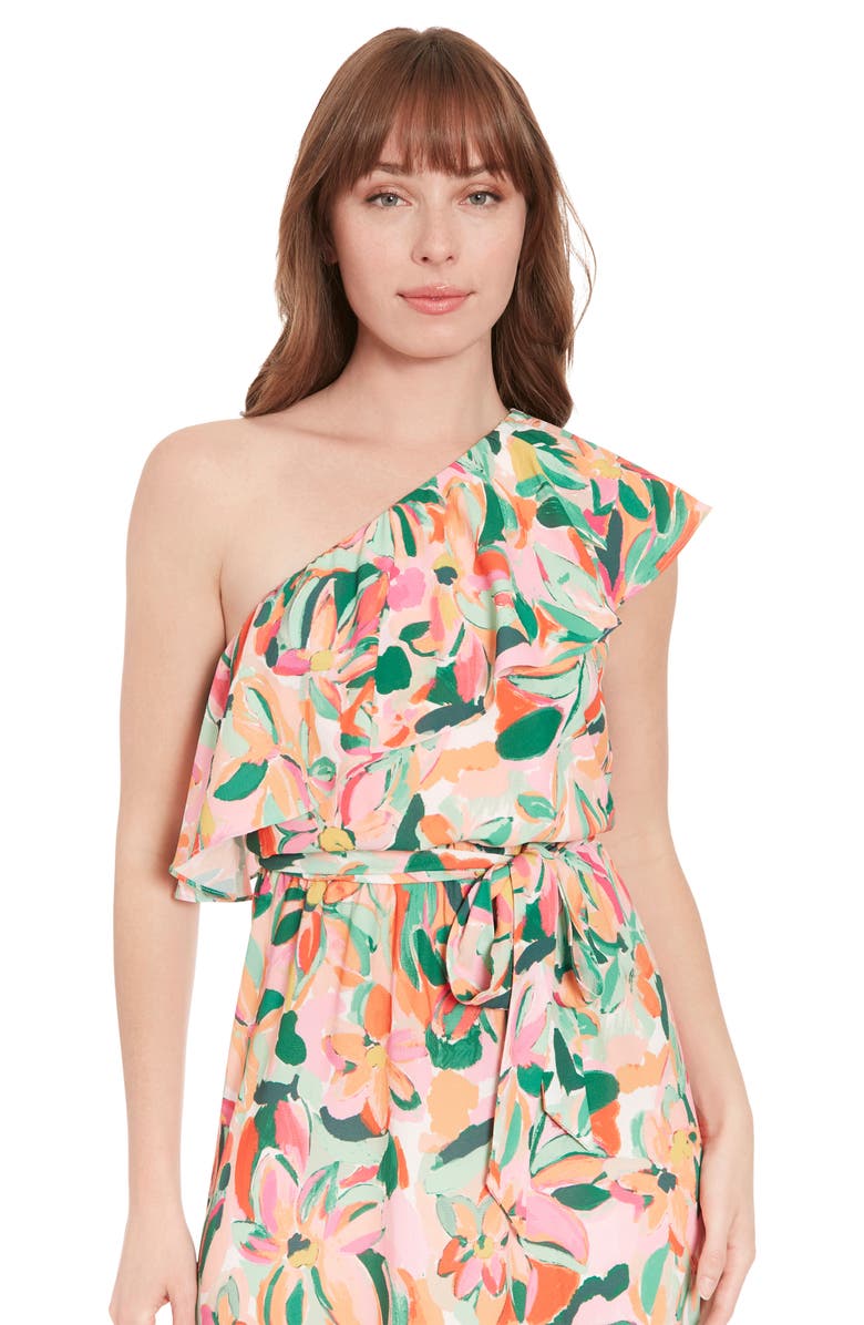 London Times Floral Print Ruffle Tie Waist One-Shoulder Midi Dress, Alternate, color, 