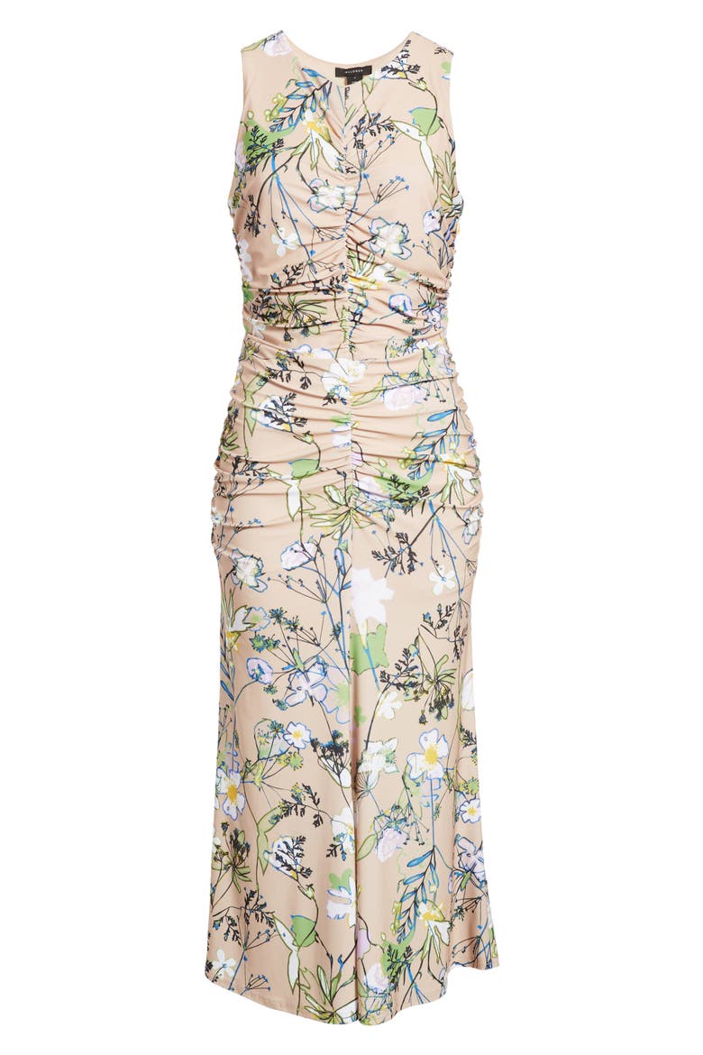 Sleeveless Ruched Midi Dress, Alternate, color, BEIGE SAND PRESSED FLORAL