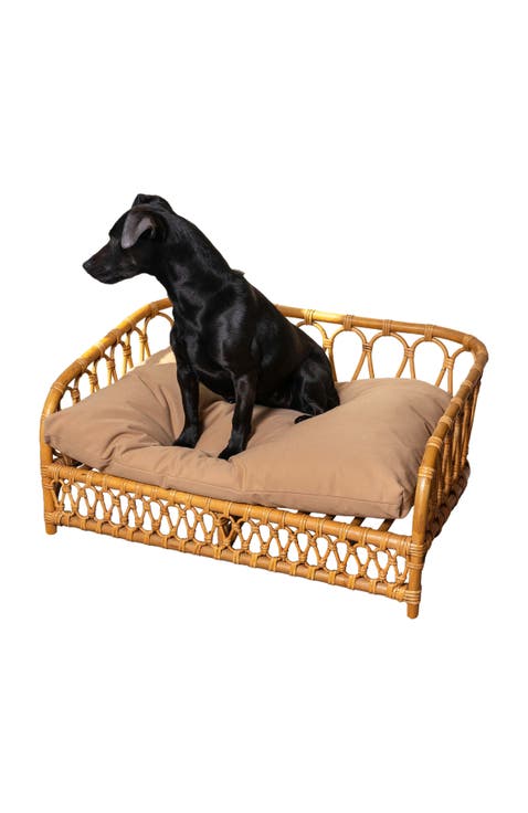 Elevated 27.5" x 17" Bohemian Handwoven Rattan Pet Daybed with Machine-Washable Cushion