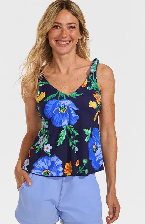 Chlorine Resistant V-neck Shoulder Tie Flutter Tankini Swimsuit Top