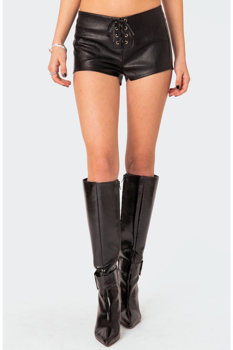 Wilde Lace Up Faux Leather Shorts, Main, color, BLACK