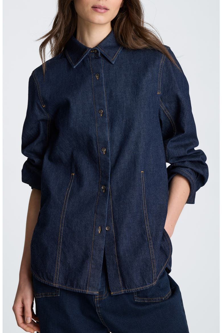 Contrast Stitch Button Down Shirt, Main, color, DARK INDIGO RINSE WASH