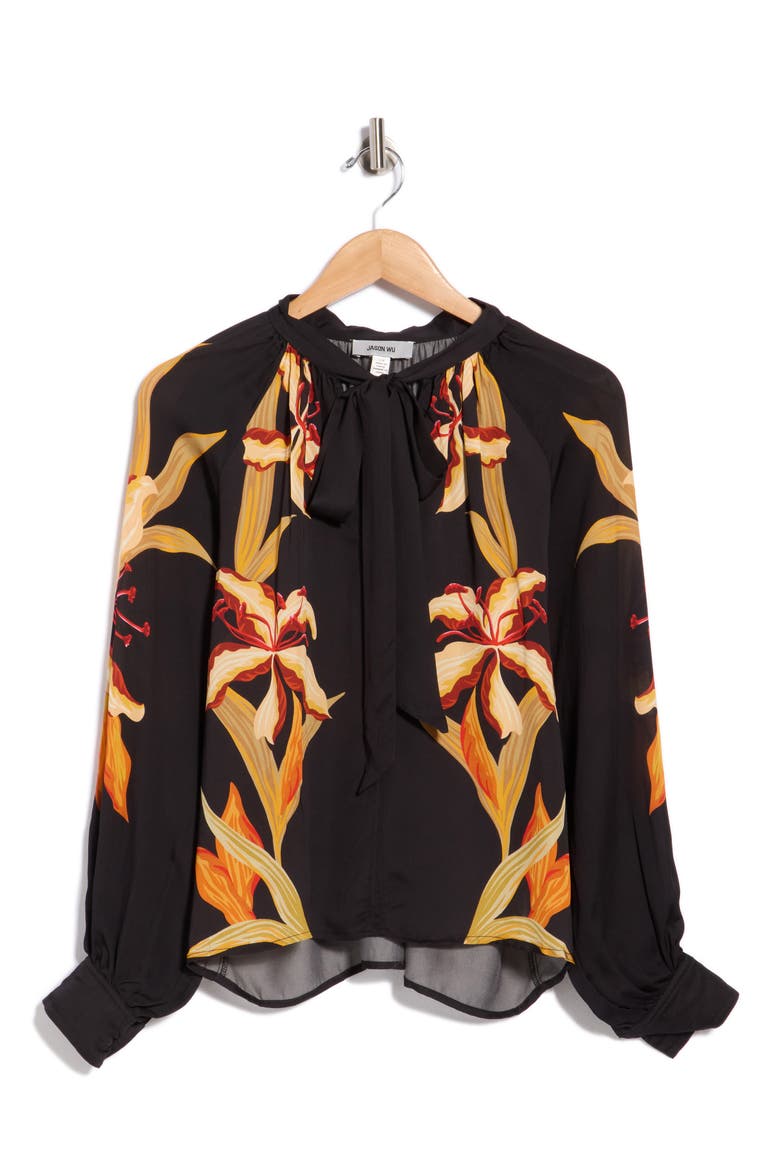 Tie Neck Long Sleeve Top, Main, color, PLACED FLORAL STEM PRINT