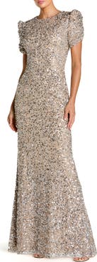 Mac Duggal Women's Embellished Mesh High-Neck Short Sleeve Gown