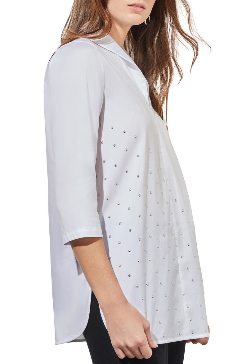 Stud Detail Shawl Collar Cotton Blend Shirt, Alternate, color, WHITE