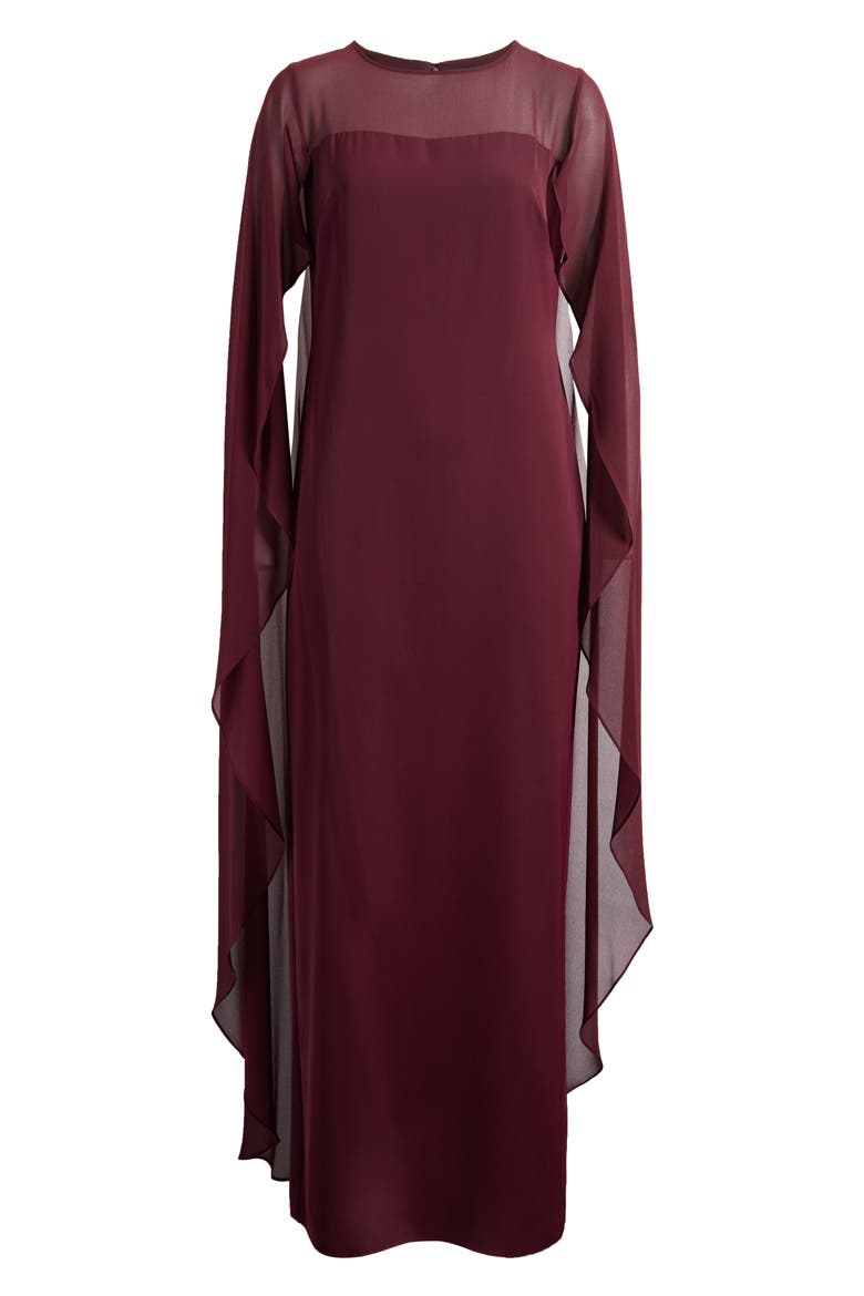 Sheer Cape Georgette Column Gown, Alternate, color, DARK GARNET